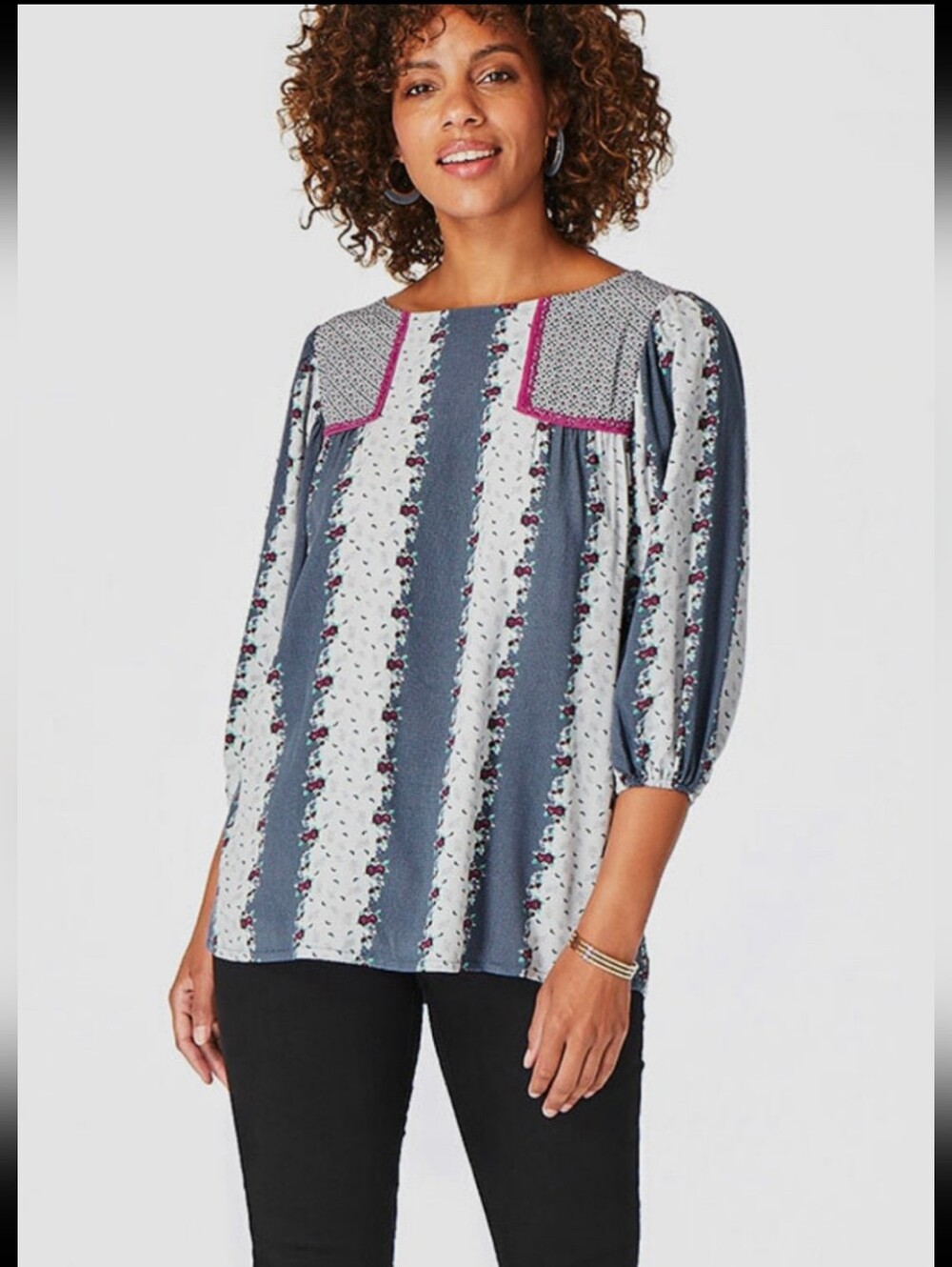 Moments With You Blue and Pink Floral Stripe Peasant Tunic